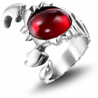 Bague homme acier Scorpion sculpt  pierre rouge