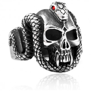 Bague homme acier tte de mort  serpent aux yeux rouges