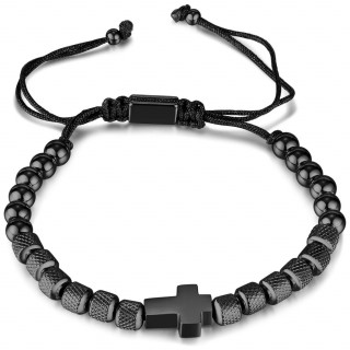 Bracelet homme noir acier  croix latine perles et cylindres