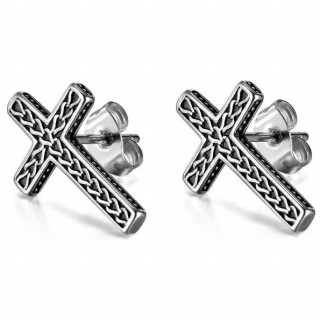 Clous d'oreilles homme acier croix argente avec motifs gravs (Paire)