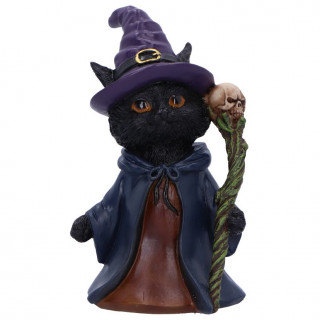 Figurine chat noir sorcier  baton avec crane humain (14cm)