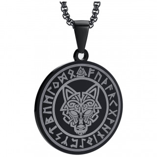 Pendentif viking noir et gris en acier  loup et runes