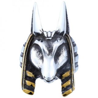 Bague homme tte d'Anubis en acier  barbe dore