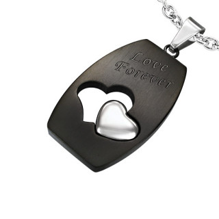 Pendentif acier plaque noire "love forever" avec coeurs