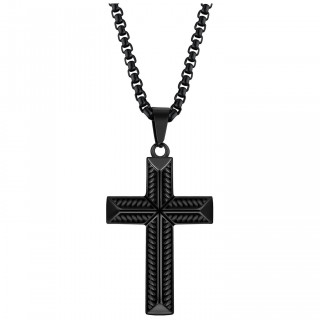 Pendentif croix noire en acier  motifs cisels aspect corde