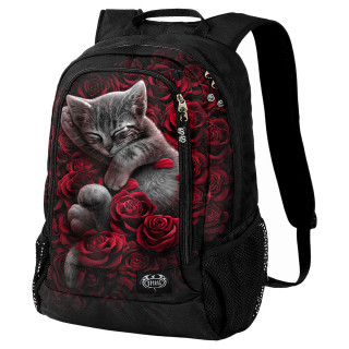 Sac  dos noir avec chaton gris sur lit de roses rouges (avec poche laptop)