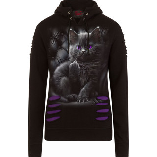 Sweat capuche femme  chat noir faisant un fuck et griffures violettes